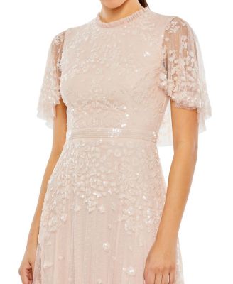 Sequined High Neck Flutter Sleeve A Line Gown