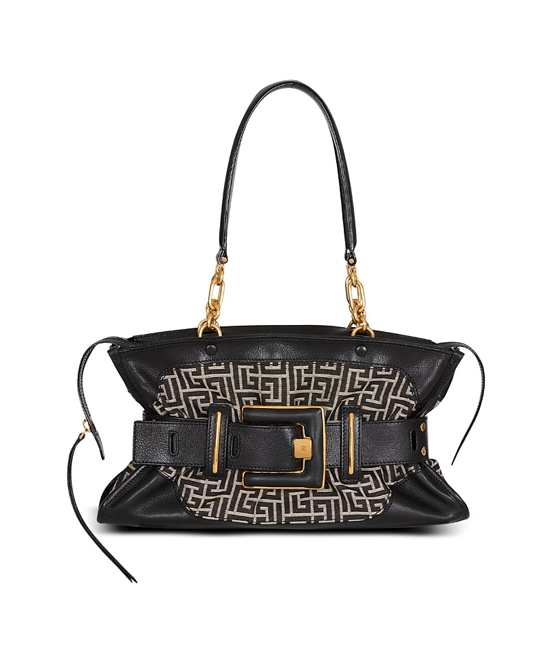 Balmain Leather and Monogram Jacquard Anthem Bag