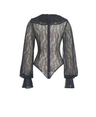  Taliah Sheer Lace Ruffled Collar Bodysuit