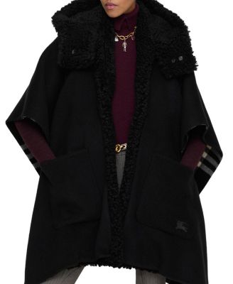 Reversible Shearling Trim Check Cashmere Cape