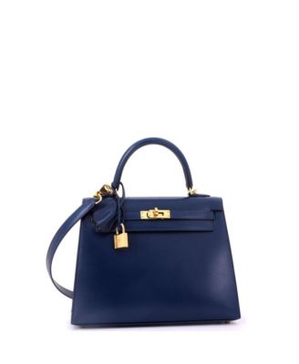 Kelly 25 Handbag Blue Box Calf with Gold Hardware
