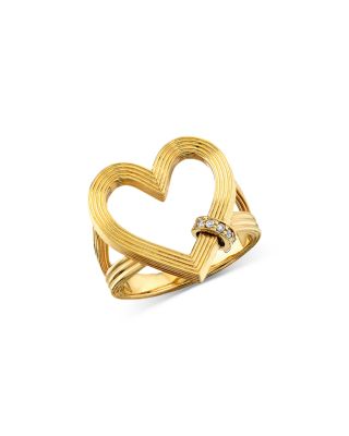 14K Yellow Gold Diamond Rondelle Fluted Openwork Heart Ring