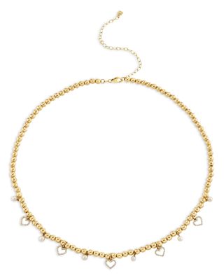 14K Yellow Gold Freshwater Pearl & Diamond Heart Beaded Collar Necklace, 15-18"