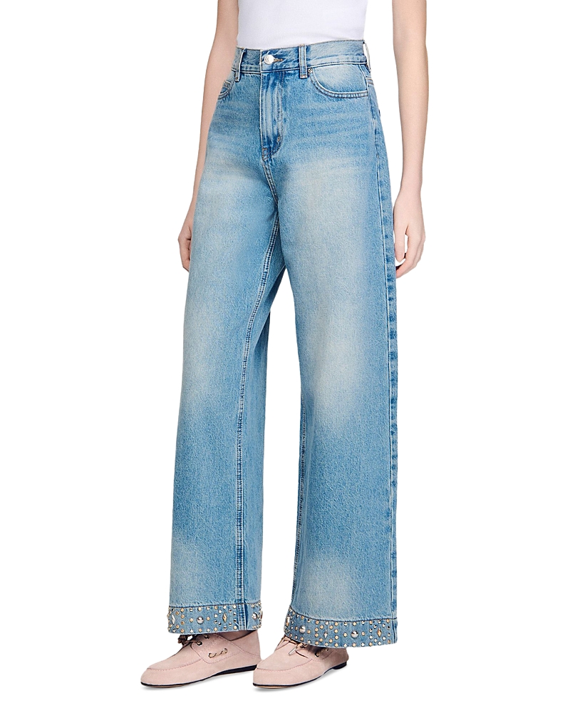 Sandro Rhinestone Straight Jeans in Blue Jean
