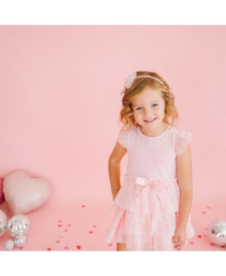Girls' Flocked Heart Valentine's Day Tiered Short Sleeve Tutu Dress - Baby, Little Kid, Big Kid