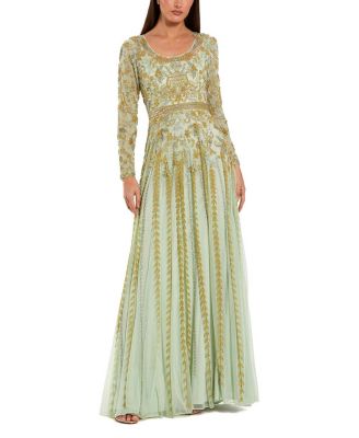Beaded Mesh Long Sleeve Scoop Neck A Line Gown