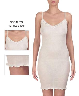 Ribbed Wool & Silk V-Neck Chemise Nightgown with Lace Trim