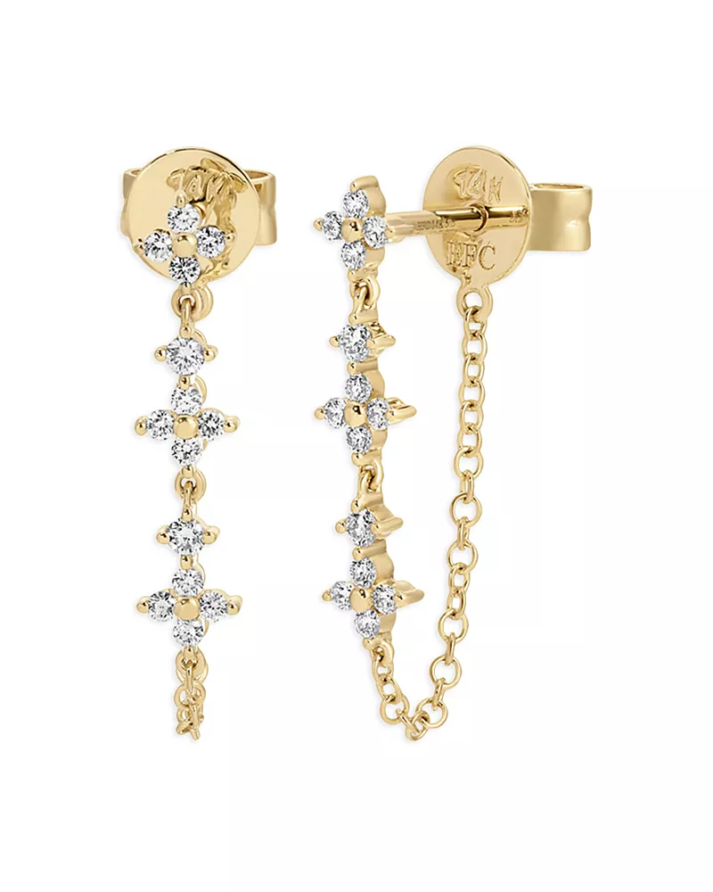 Ef Collection 14K Yellow Gold Diamond Fleur Chain Earrings