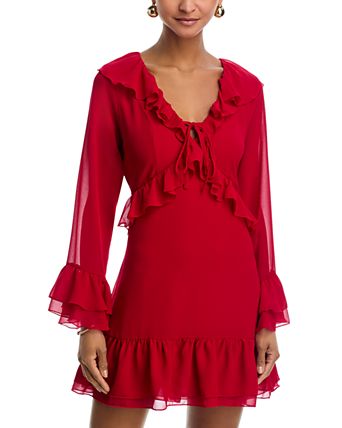 red dress with sleeves Benitta 6% Spandex Lace Red Long Sleeve Dresses -
