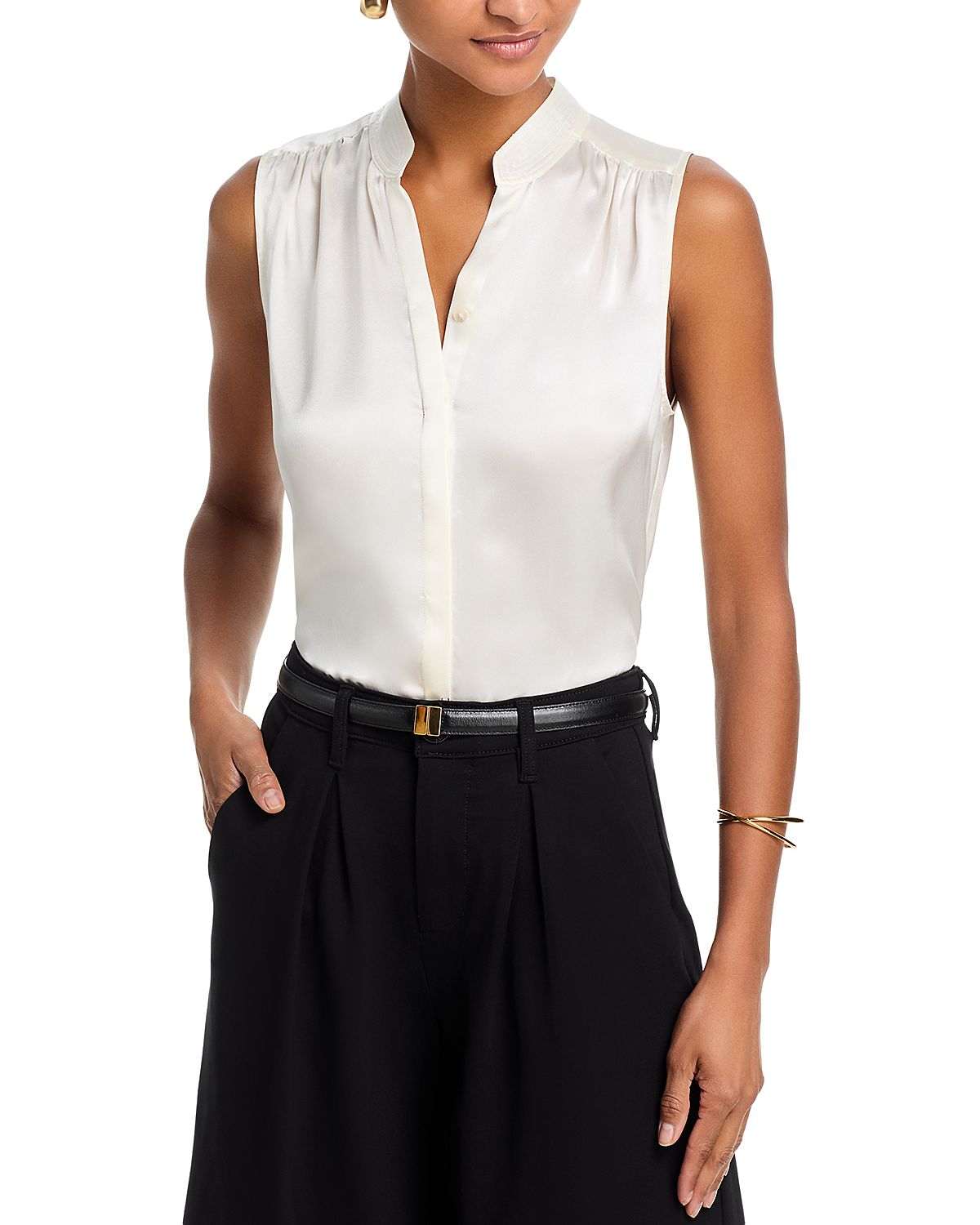 L'Agence Phoebe Sleeveless Band Collar Silk Top