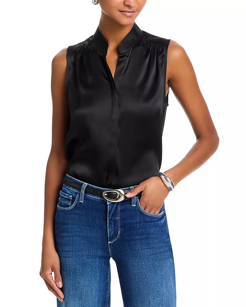 L'Agence Phoebe Sleeveless Band Collar Silk Top