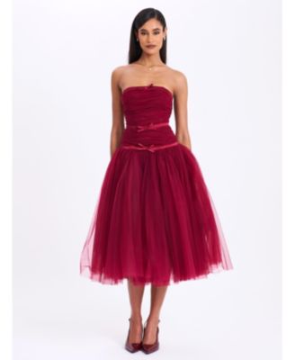  Mabel Drop Waist Layered Mesh Midi Puffy Dress with Bow
