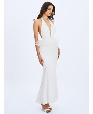  Solene Pleated Halter Backless Feather-Trim Maxi Dress