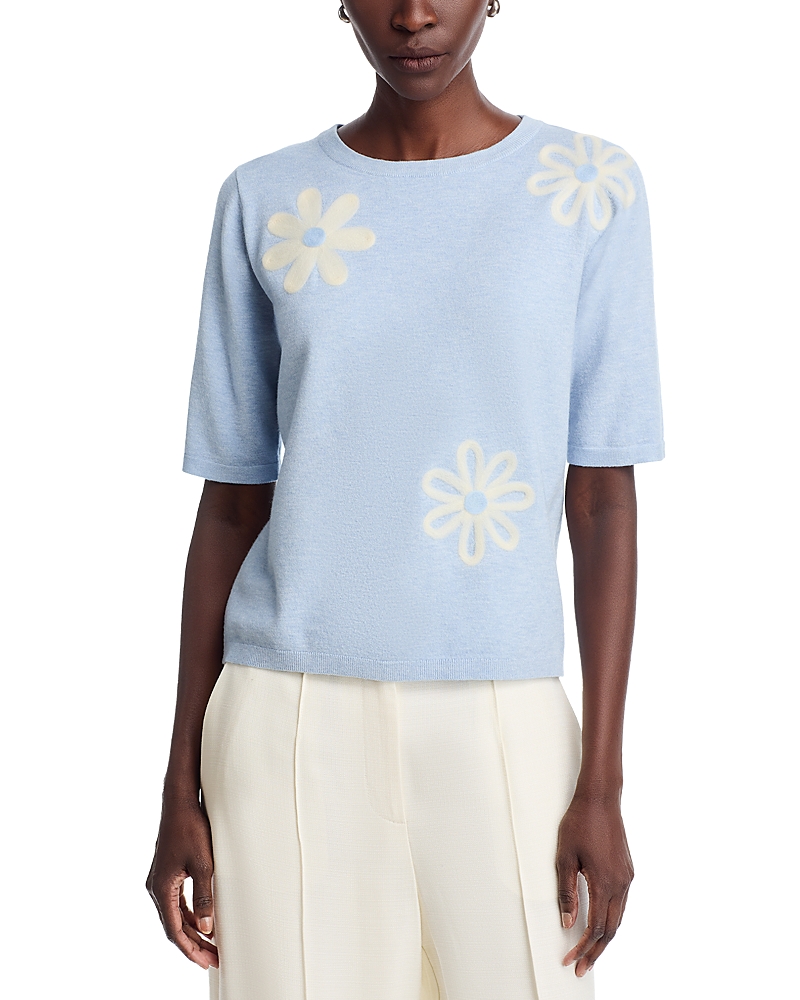 Sioni Floral Embroidered Short Sleeve Sweater In Blue