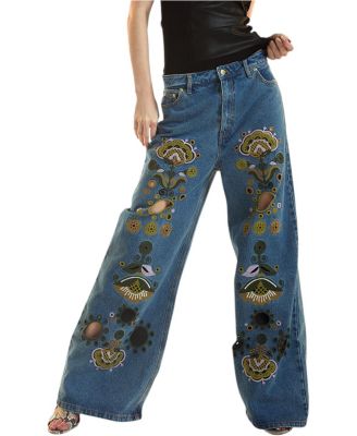 Embroidered Wide Leg Jeans in Mid Wash