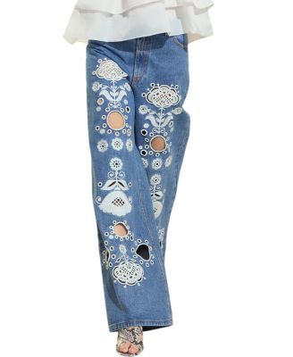 Embroidered Wide Leg Jeans in Blue White Wash