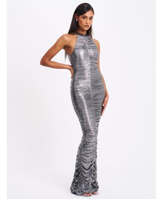  Abril Ruched Glitter Backless Gown