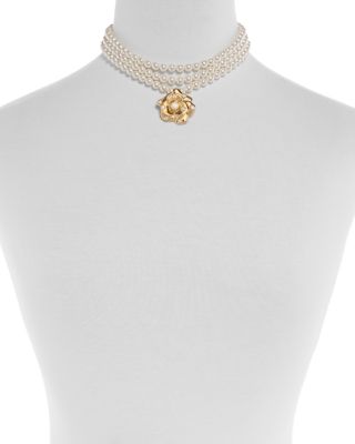 Imitation Pearl Three Layer Rose Choker Necklace, 13.4-17.3"