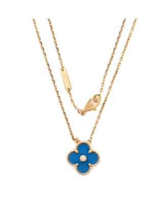  Vintage Alhambra Pendant Necklace 18K Gold and Blue Sevres Porcelain with Diamond, 14.5 - 16.25"