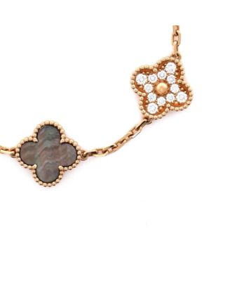  Vintage Alhambra 5 Motifs Bracelet 18K Rose Gold and Mother of Pearl with Diamonds