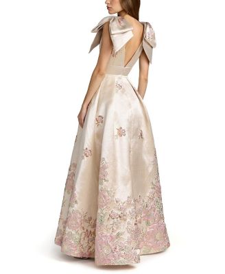 V Neck Brocade Gown with Bow Straps
