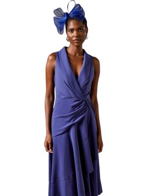 Shawl Collar Ruffle Hem Midi Dress