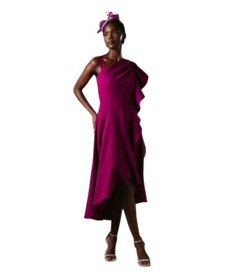 One Shoulder Crepe Ruffle Midi Dress