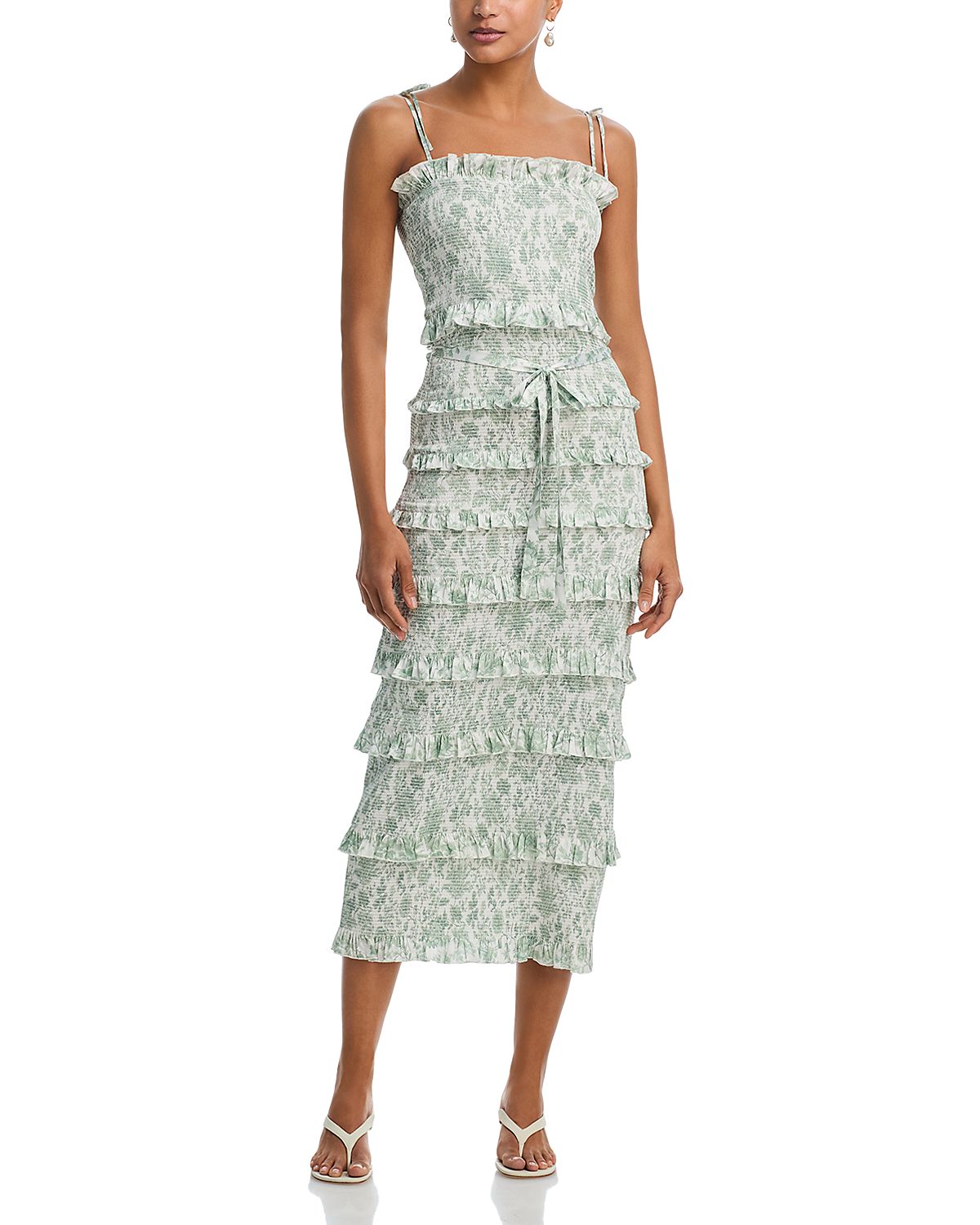 V. Chapman Lily Smocked Floral Print Ruffle Trim Midi Dress