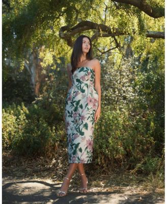  Floral Brocade Strapless Fitted Midi Dress