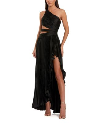  One Shoulder Pleated Charmeuse Gown with Slit