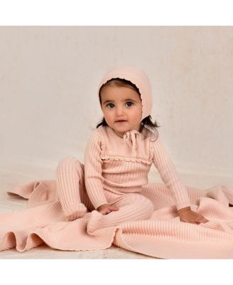 Unisex Scallop Trimmed Rib Knit Romper & Bonnet - Baby