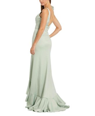  Crepe V Neck Sleeveless Gown with Bow