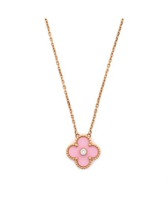  Vintage Alhambra Pendant Necklace 18K Rose Gold and Pink Sevres Porcelain with Diamond, 16.5 - 18.25"