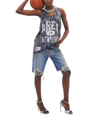 Crystal Strands Frayed Denim Shorts