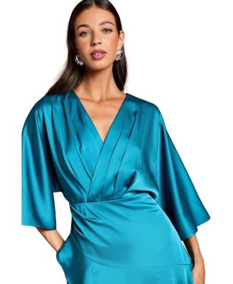 Satin Crepe Ruffle Wrap Midi Dress