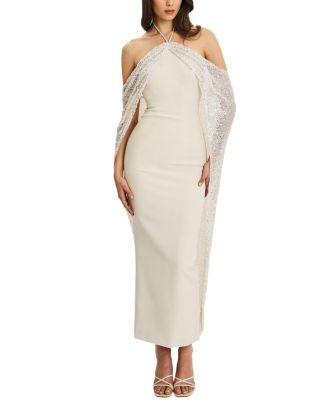  Quimera Beaded Cape Halter Off-Shoulder Maxi Gown