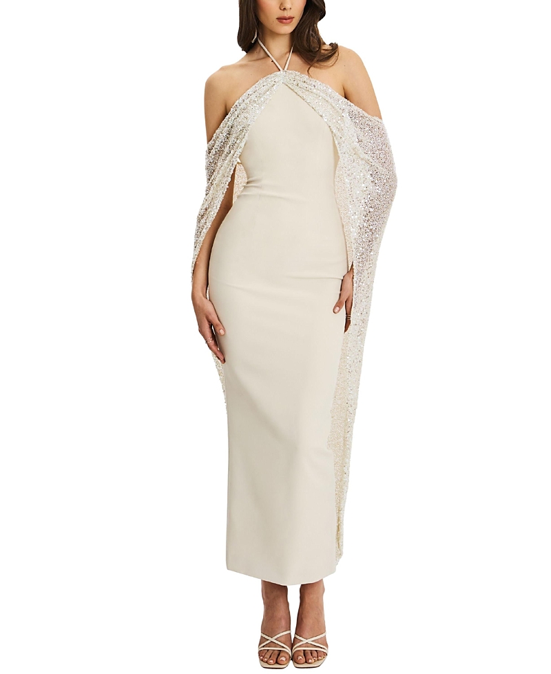 Miss Circle Quimera Beaded Cape Halter Off-Shoulder Maxi Gown