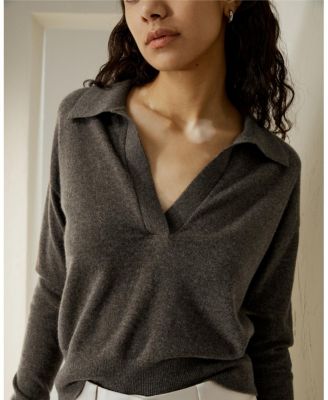 Women's V Neck Cashmere Polo Sweater