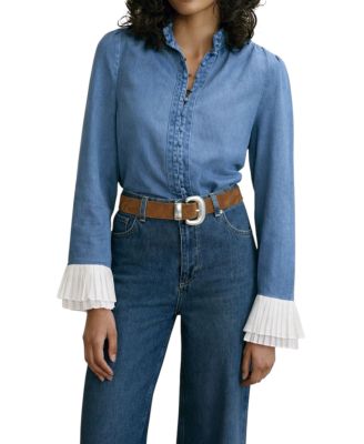  Women's Denim Contrast Cuff Blouse