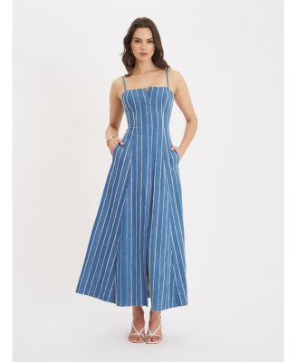  Abygail Stripe Cotton Denim Maxi Dress