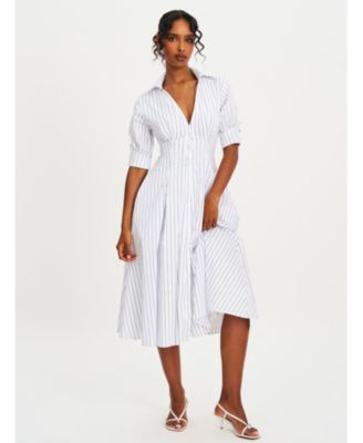  Palina Pinstripes Cotton Poplin Pleated Midi Preppy Shirt Dress