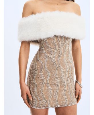  Averie Faux Fur Off-Shoulder Sequin Mini Dress