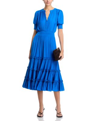 Elbow Sleeve Split Neck Tiered Dress