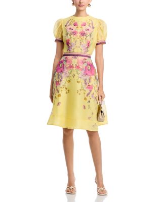 Silken Linen Short Sleeve Placed Floral Print Dress