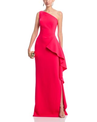 Crepe One Shoulder Side Drape Cascade Ruffle Gown