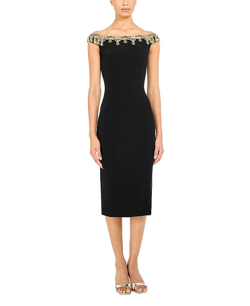 Jenny Packham Valorie Beaded Off-shoulder Midi Dress In Black