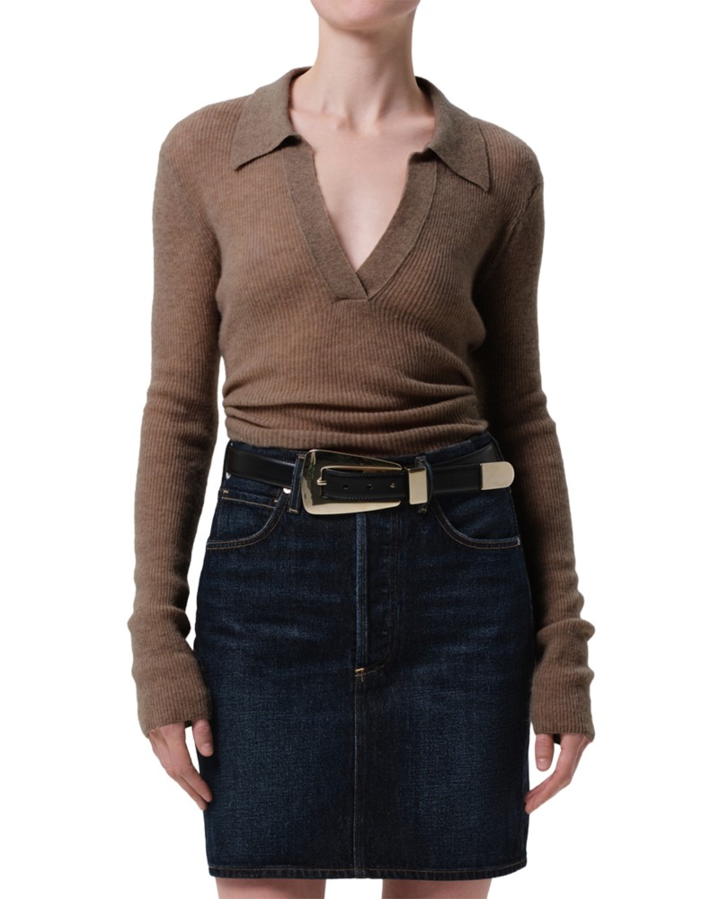 Citizens of Humanity Simone Wool Cashmere Polo Sweater in Mushroom