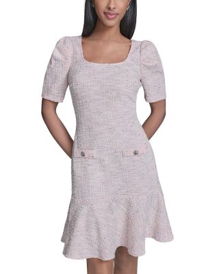 Square Neck Knit Tweed Puff Sleeve Flounce Hem Dress