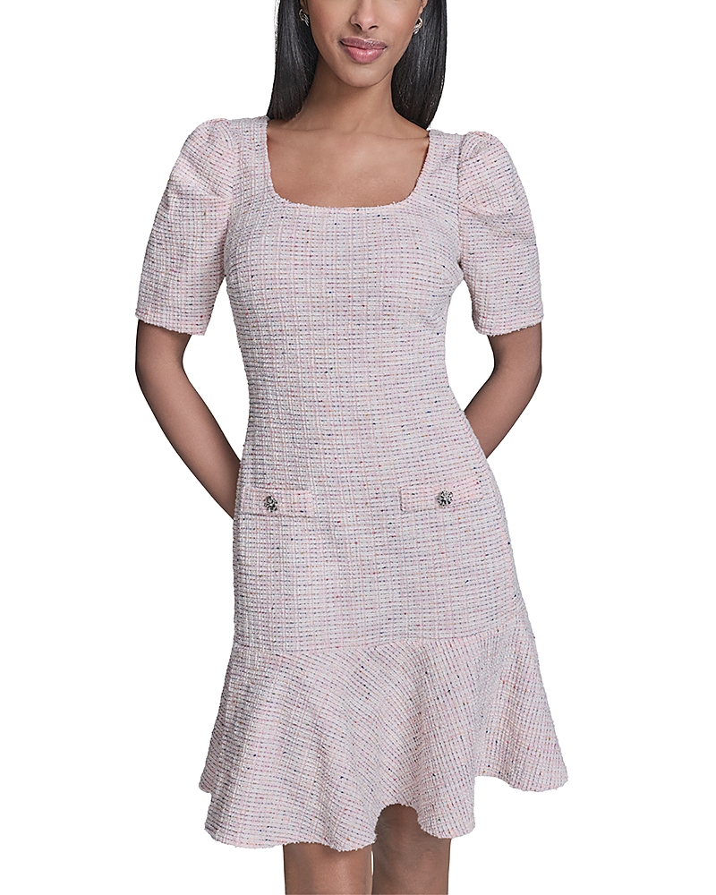 Karl Lagerfeld Paris Square Neck Knit Tweed Puff Sleeve Flounce Hem Dress