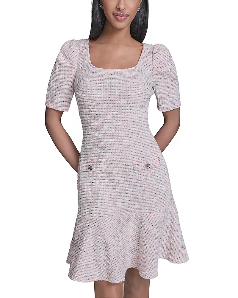 Karl Lagerfeld Paris Square Neck Knit Tweed Puff Sleeve Flounce Hem Dress